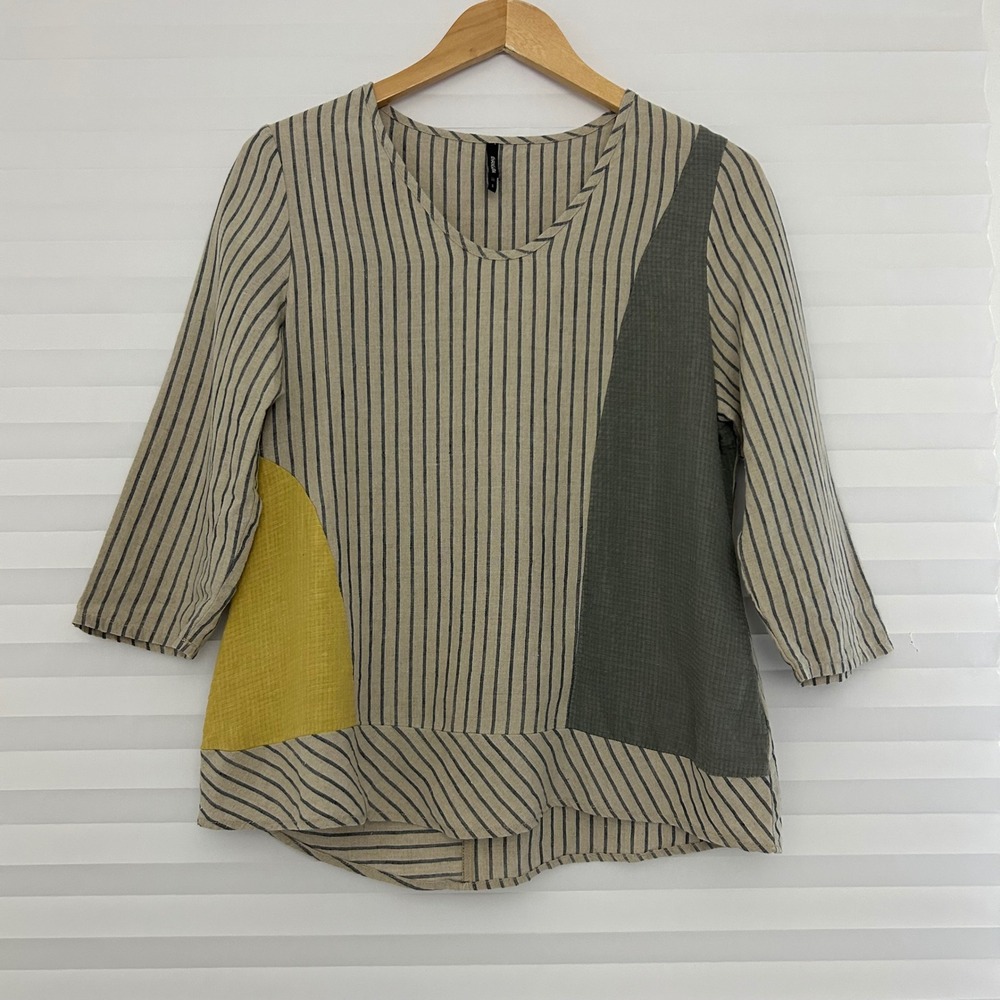 Khangura Womens 100% Linen Striped Color Block V-Neck 3/4 Sleeve Top S Artistic